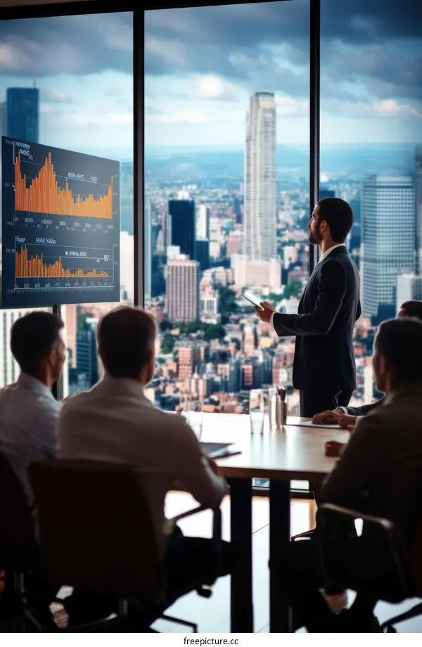 Business meeting in a modern office with a city view