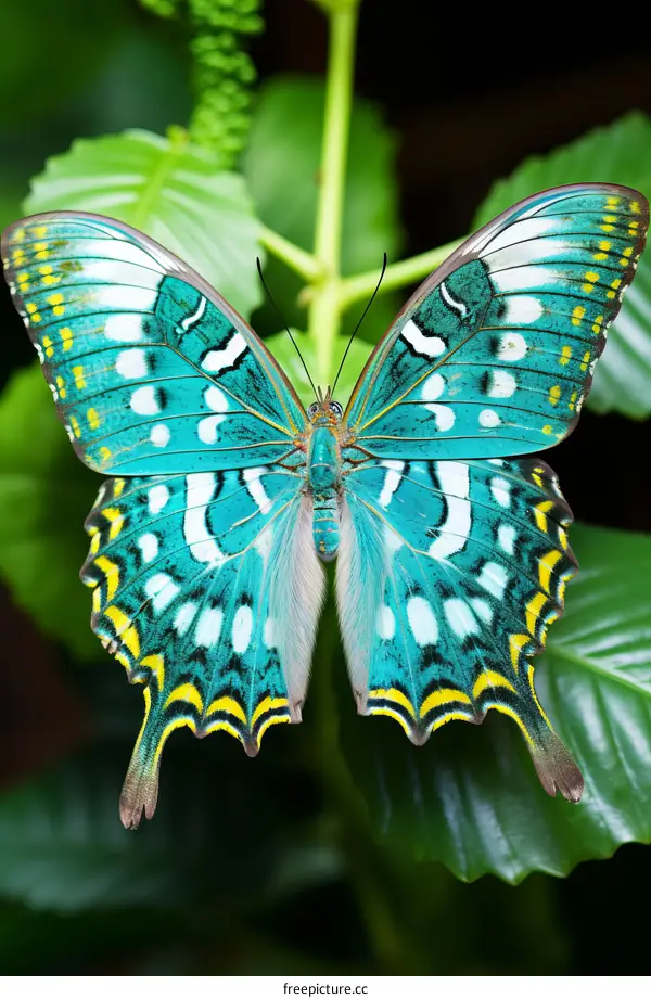 A vibrant green and blue butterfly on a leaf