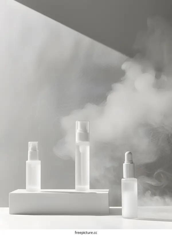 Three cosmetic bottles on a white table with white background and fog