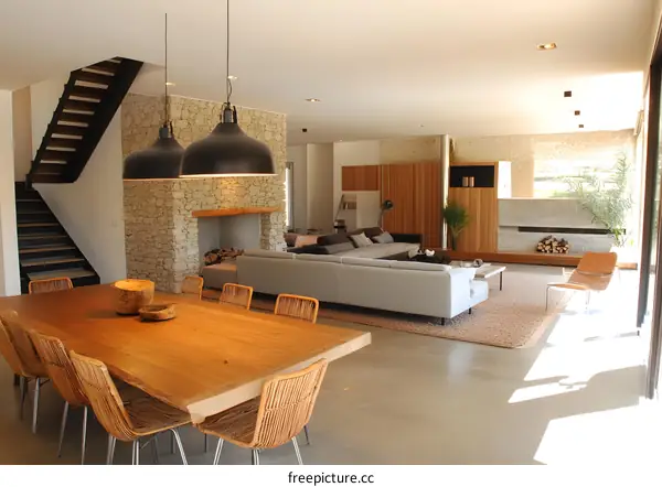 Modern Home Interior Design with Stone Fireplace and Wooden Table