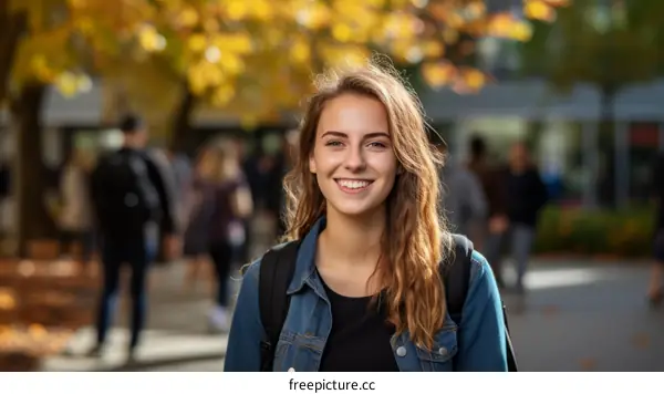 portrait of a young woman smiling with a backpack on her shoulder