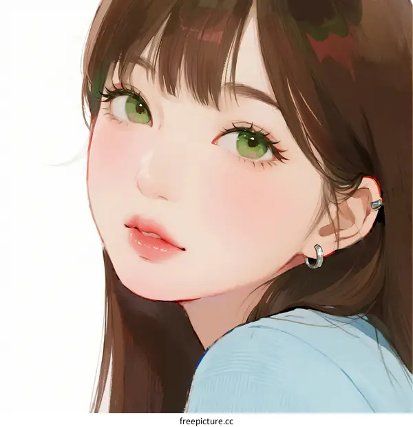 A young woman with green eyes and long brown hair looking over her shoulder