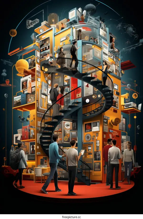 People walking around in a building with many staircases and strange machines