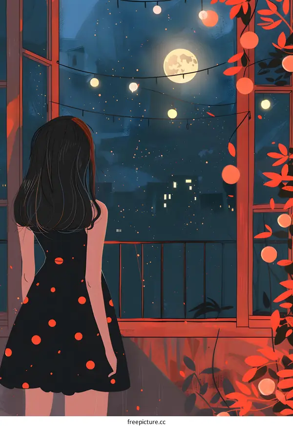 Girl in Red Dress Looking at the Night Sky