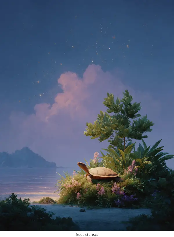 Peaceful Turtle on a Coastal Meadow at Dawn