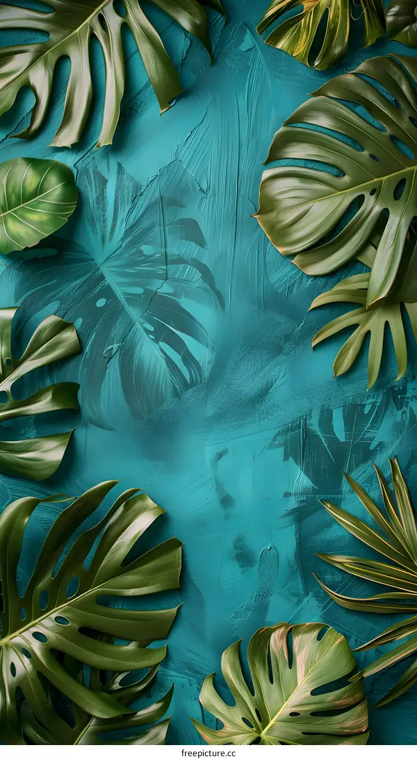 Tropical Leaves Background with Teal Wall