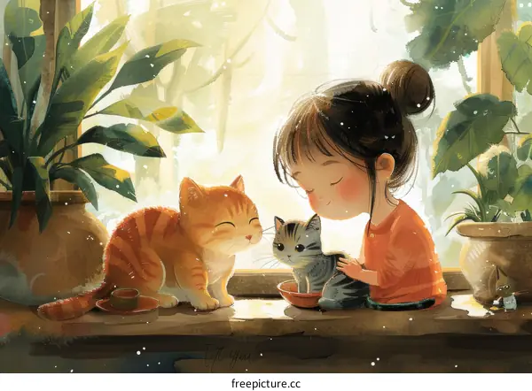 A girl is sitting on the windowsill with two cats