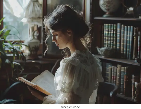 portrait of a beautiful woman reading a book in a library