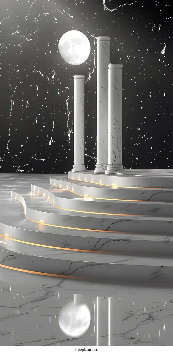 Surreal marble podium and columns under the night sky