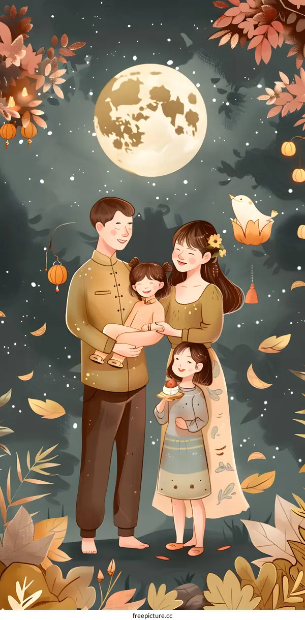 Happy Family Under Full Moon Illustration