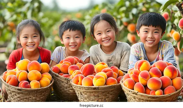 Children Harvesting Peaches in Orchard