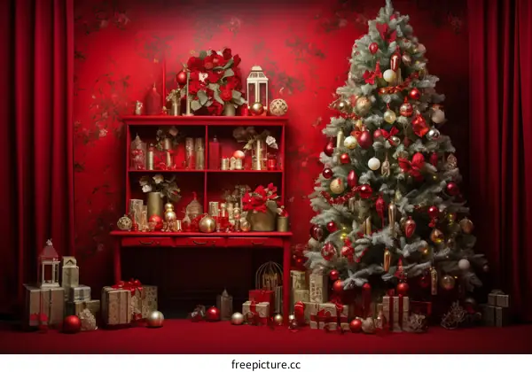 Red and gold Christmas tree and decorations in front of red patterned background