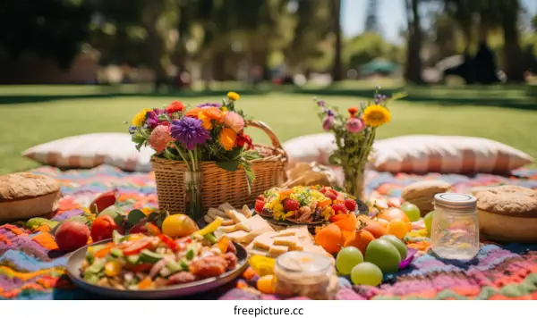 A picnic in the park with a colorful blanket, flowers, and a variety of food