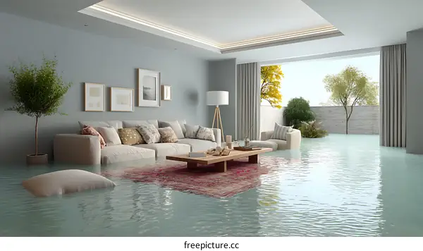 Flooded Modern Living Room Interior Illustration