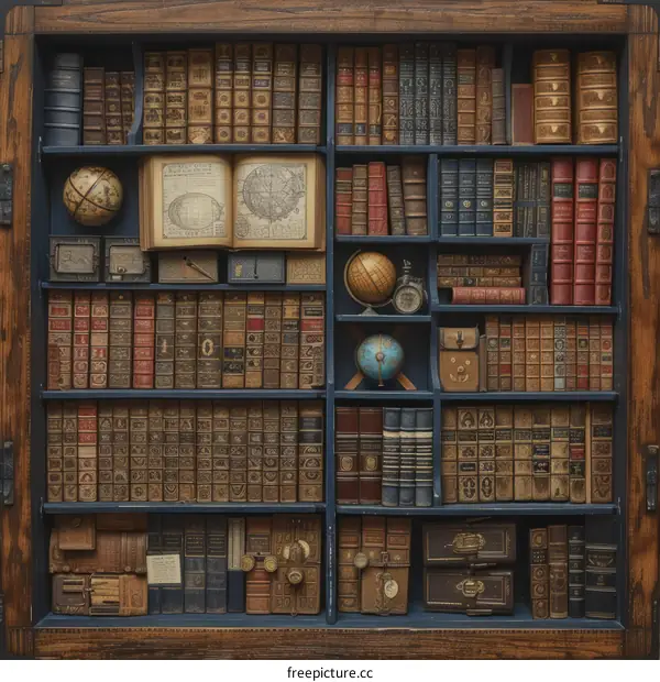 A wooden cabinet filled with old books, globes, and other objects