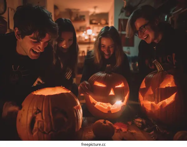 Four friends are carving pumpkins and having fun.