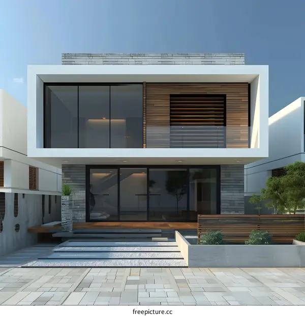 Modern House with Glass Windows and Wooden Balcony