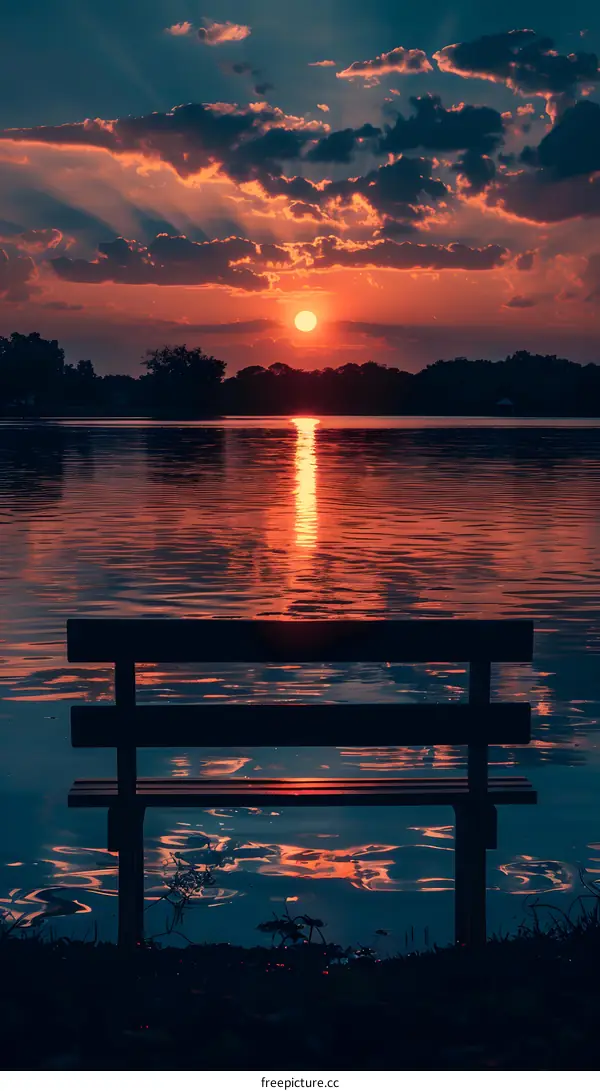 sunset over lake with bench in foreground