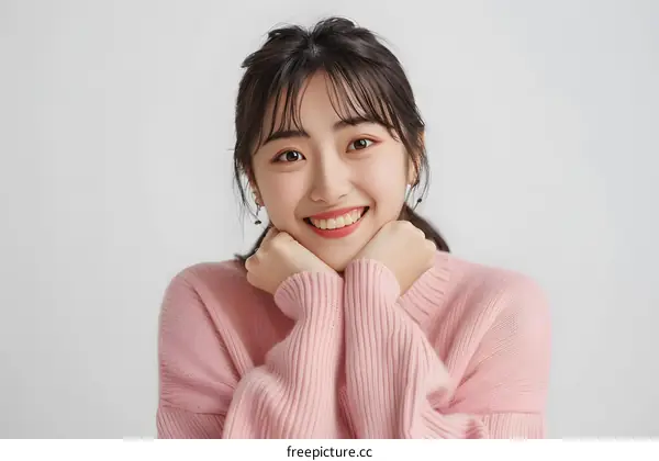 Portrait of a Young Asian Woman Smiling with a Pink Sweater