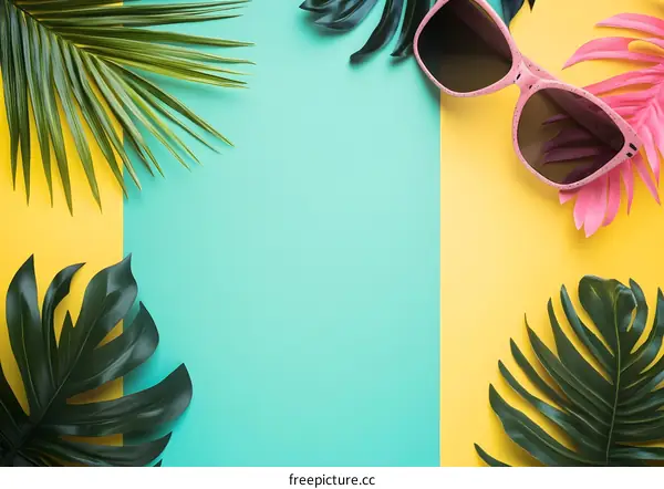 Tropical Summer Background With Sunglasses And Palm Leaves