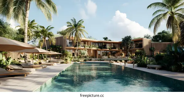Tropical Resort with Swimming Pool and Palm Trees
