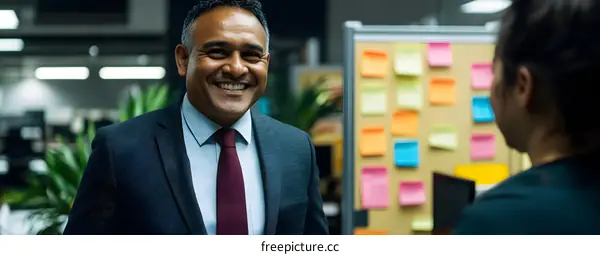 Smiling Businessman Talking with Female Colleague in Office