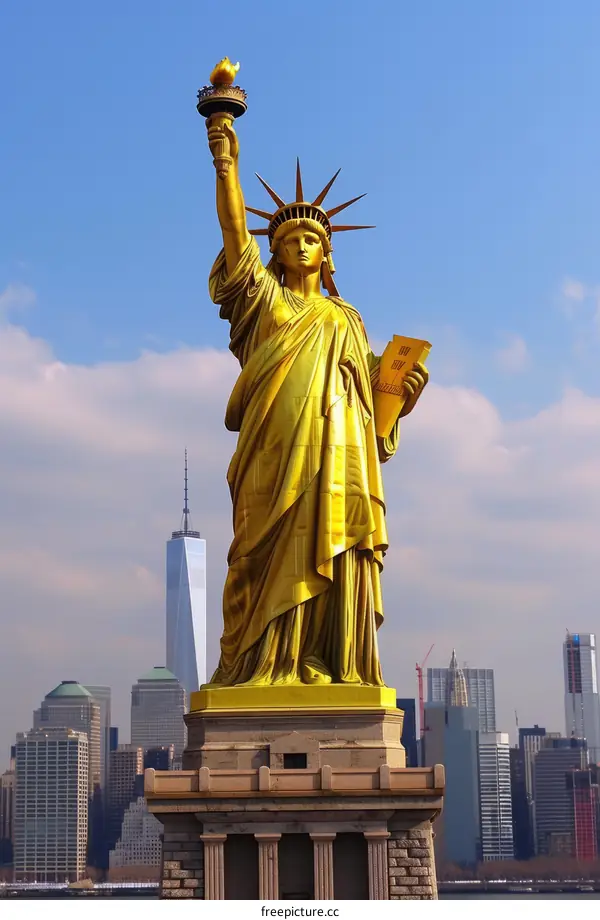 Golden Statue of Liberty with Manhattan Skyline in Background