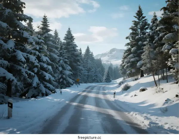 A snowy road surrounded by tall snow-covered pine trees under a clear sky