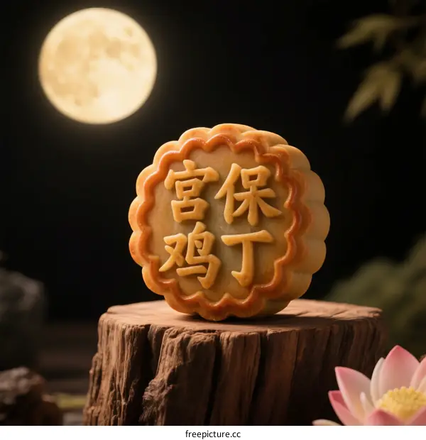 Mooncake with 'Gongbao Jiding' character on it under the full moon