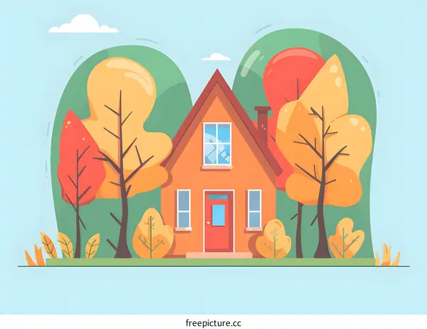 Autumn House with Trees and Clouds Illustration