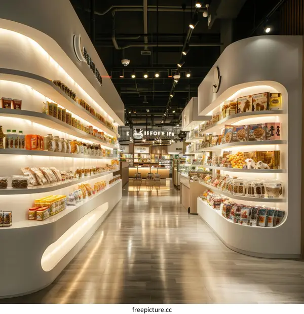 Brightly lit grocery store interior with white shelves stocked with various food items