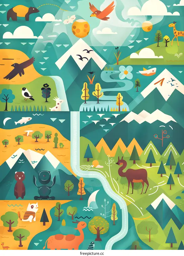 Illustrated Map With Mountains, Animals, and a River