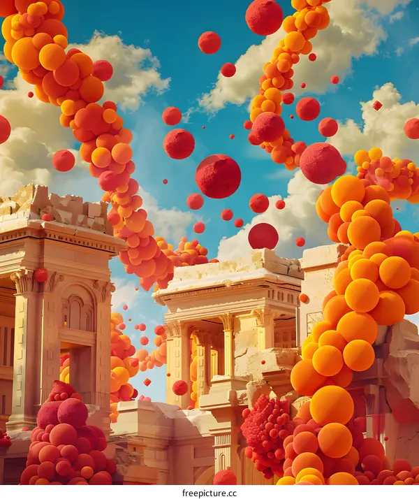 Abstract Surrealist Art with Red and Orange Spheres Floating over a Ruined Building