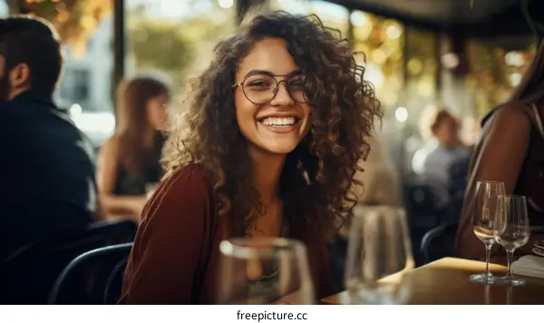 Curly-haired woman smiling in a restaurant