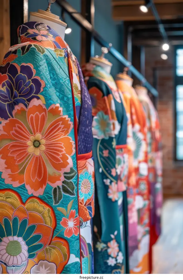 Colorful Japanese Kimonos Hanging in a Store