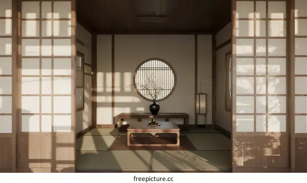 Traditional Japanese Room with Wooden Sliding Doors and Round Window