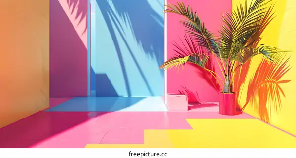 Tropical Summer Minimalist Background with Palm Tree and Colorful Walls