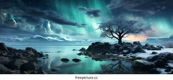 Aurora borealis over a frozen lake