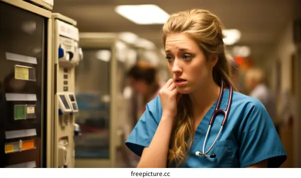 A young female doctor looking at a patient's chart with a worried expression