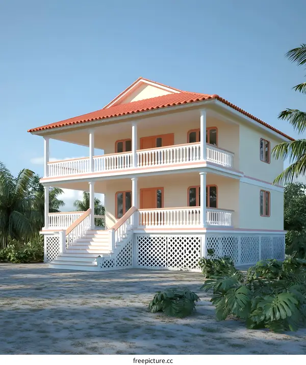 Tropical House Design with Balconies and Palm Trees