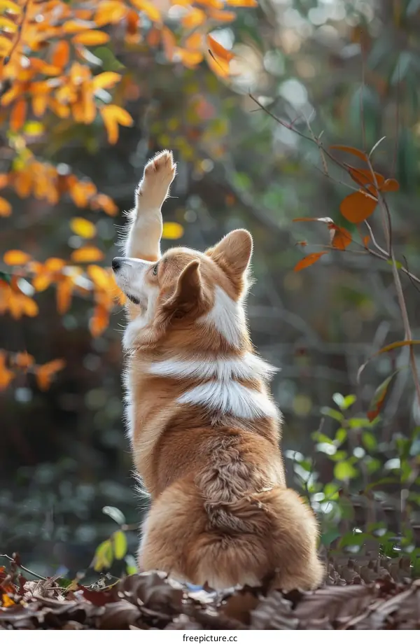 A lone corgi sits in the woods and raises its paw