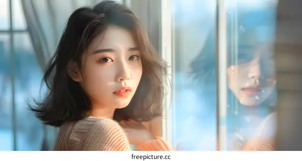 Woman Looking Through Window With Soft Sunlight