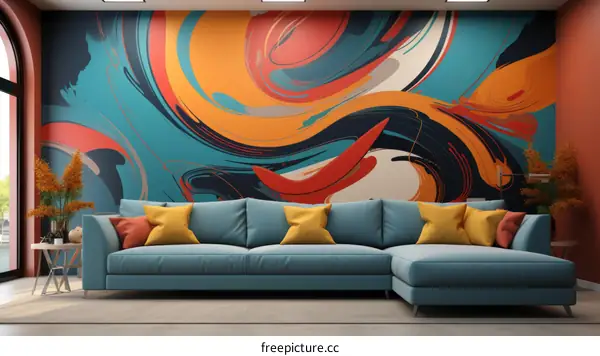 Abstract Painting in Living Room with Blue and Orange