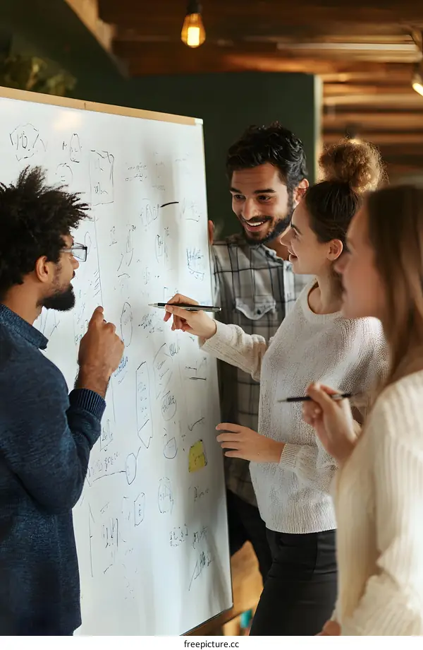 Team Brainstorming Business Strategy On Whiteboard In Office
