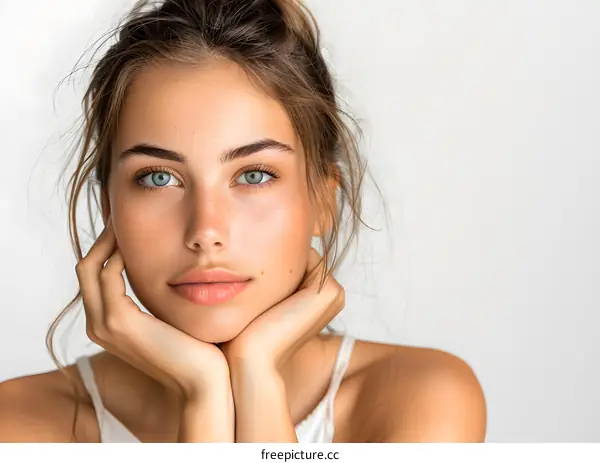 portrait of a beautiful young woman with green eyes and freckles