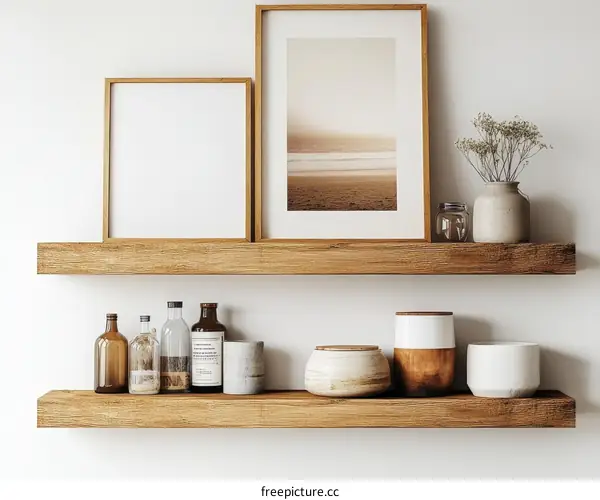 Wooden Shelves Decorated with Pictures and Decorative Items