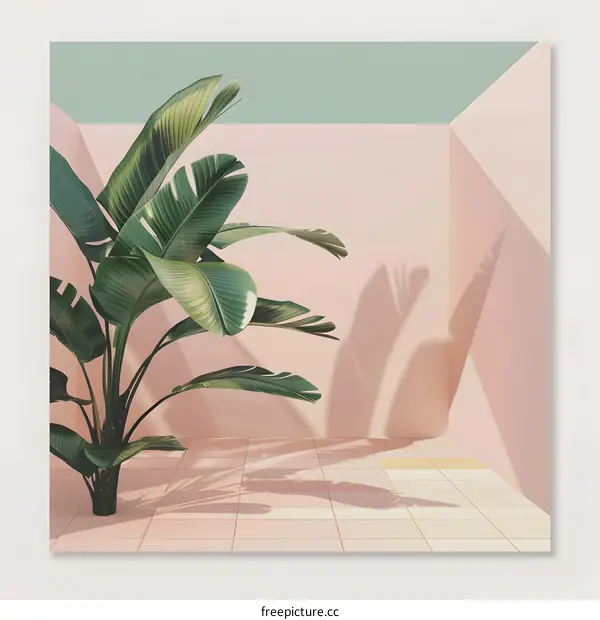 Minimalist Illustration of a Green Plant in a Pink Room