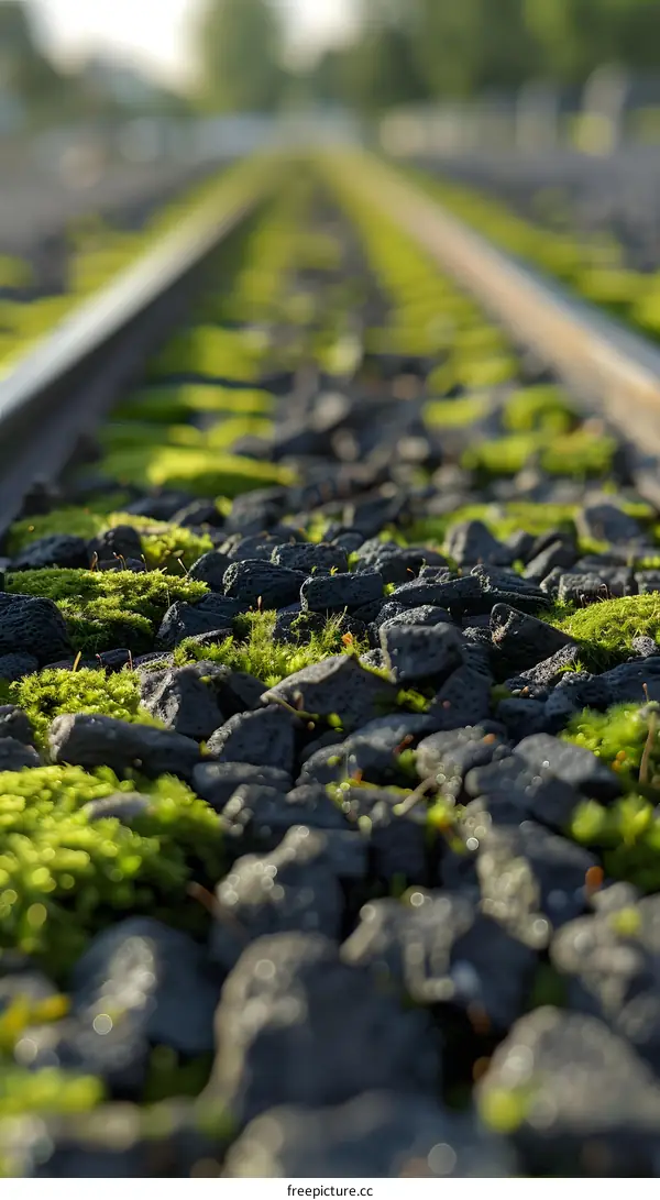 Close Up Of Green Moss Growing Between Railway Tracks