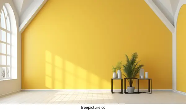 Bright Yellow Room Interior with Big Windows