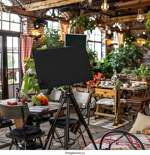 Black Camera Reflector On Tripod In Restaurant Setting